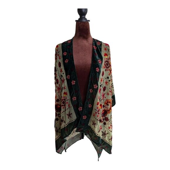Stunning emerald floral burnout Rayon velvet kimono overlay top O/s nwot ruana - Picture 5 of 8